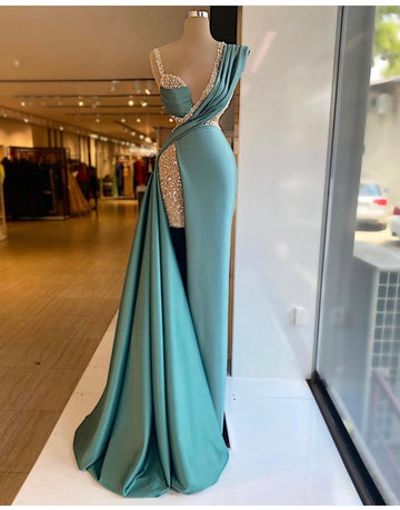 Sparkly Sequined Split Mermaid Evening Dresses Crystal Long Formal Prom Gowns Custom Made Plus Size Pageant Wear Party Dress HZ1023